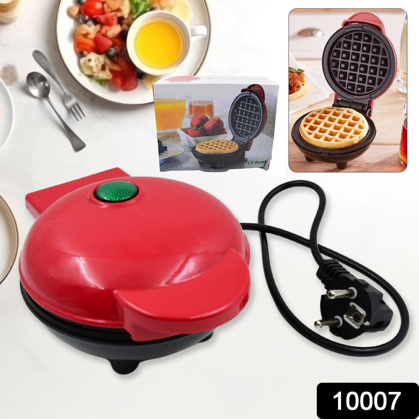 Wukusy mini waffle maker with non-stick surface, compact kitchen appliance for breakfast, desserts, sandwiches, and snacks.