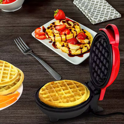 Wukusy mini waffle maker machine with non-stick surface, perfect for breakfast, desserts, sandwiches, and snacks in home kitchen.