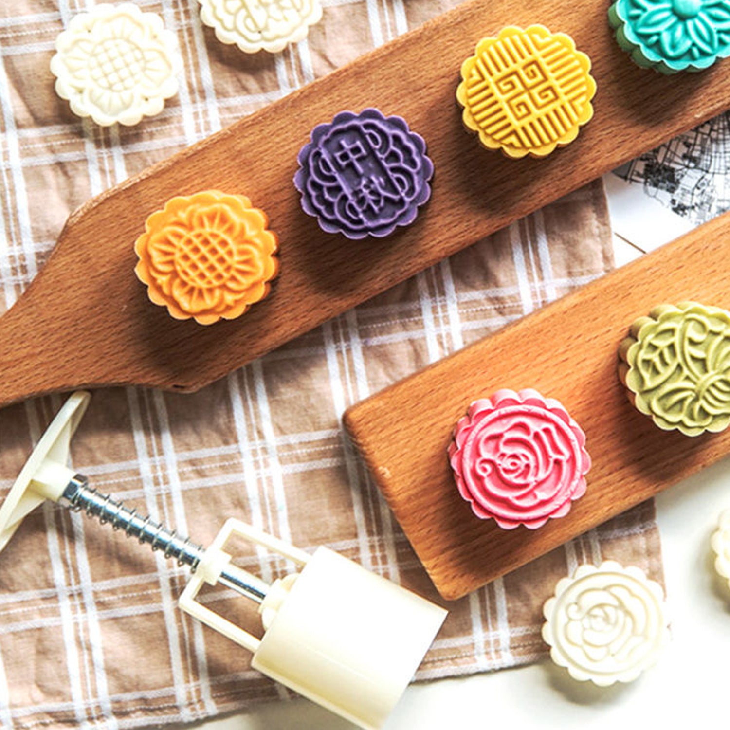 Wukusy mooncake press mold with 4 stamps set for creating decorative mooncakes in home and kitchen baking.