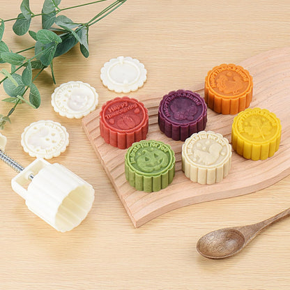 Wukusy mooncake press mold with 4 stamps set for making decorative mooncakes in home and kitchen baking.