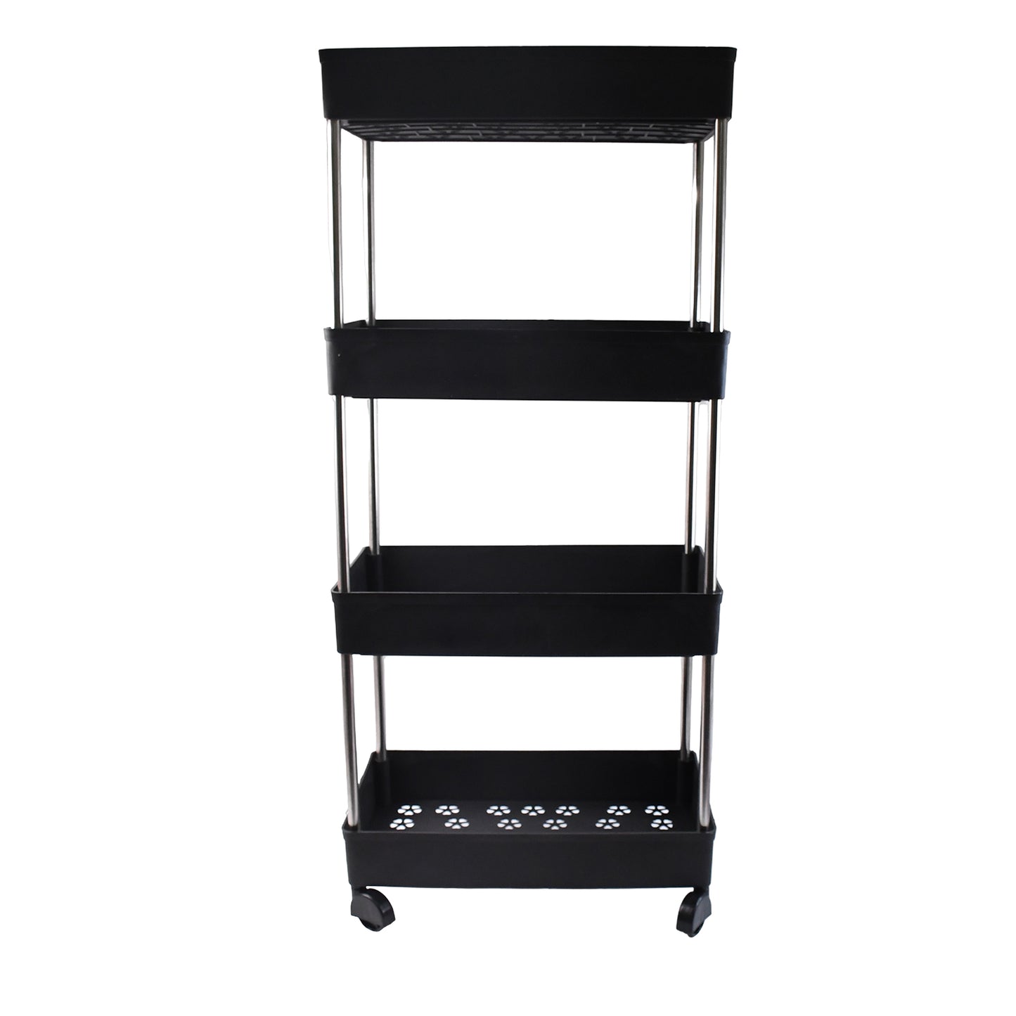 Wukusy movable storage rack trolley with multiple shelves for kitchen or home organization, sturdy metal frame and easy mobility.