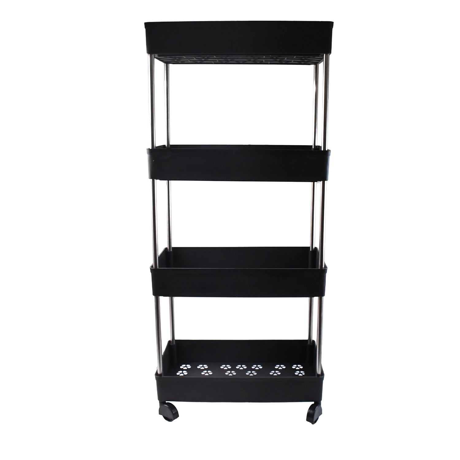 Wukusy movable storage rack trolley with multiple shelves for kitchen or home organization, sturdy metal frame and easy mobility.