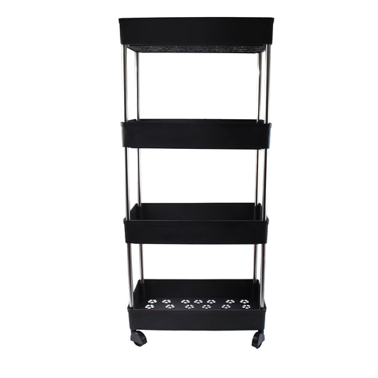 Wukusy movable storage rack trolley with multiple shelves for kitchen or home organization, sturdy metal frame and easy mobility.