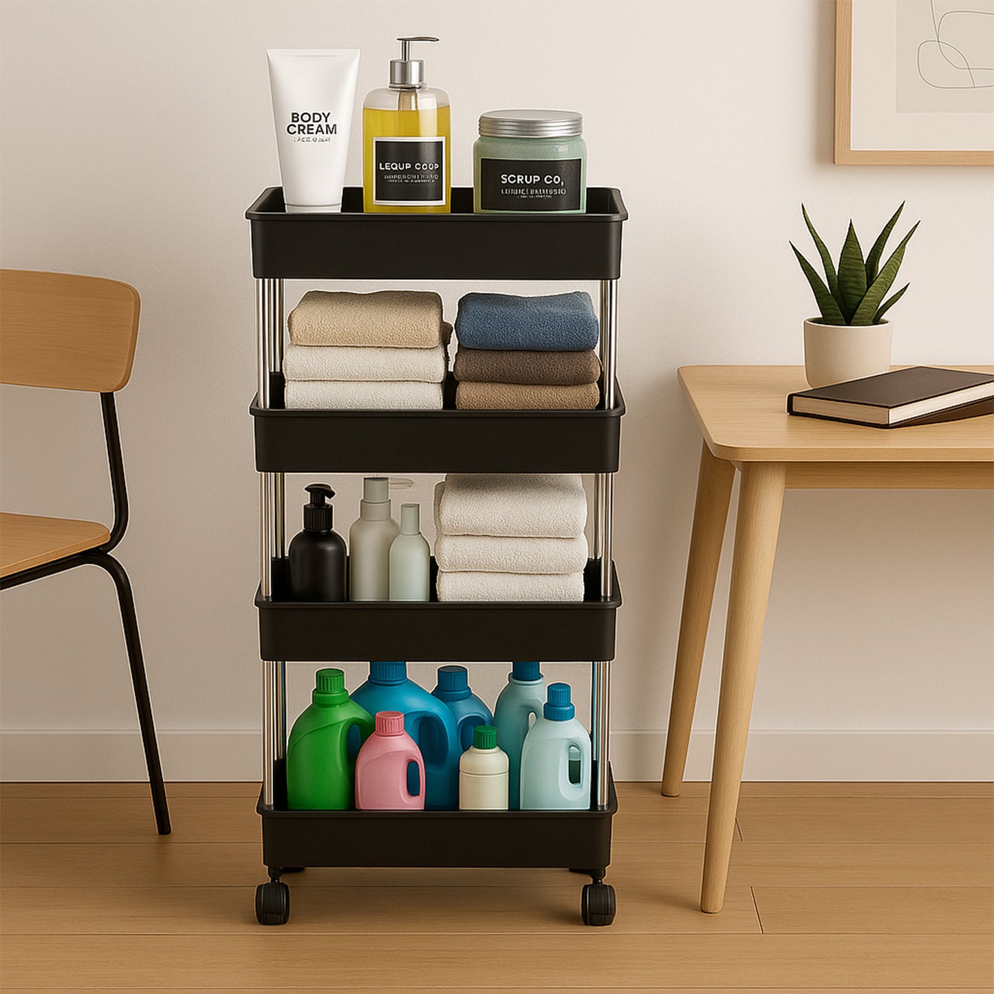 Wukusy movable storage rack trolley with multiple shelves, ideal for home and kitchen organization and space saving.