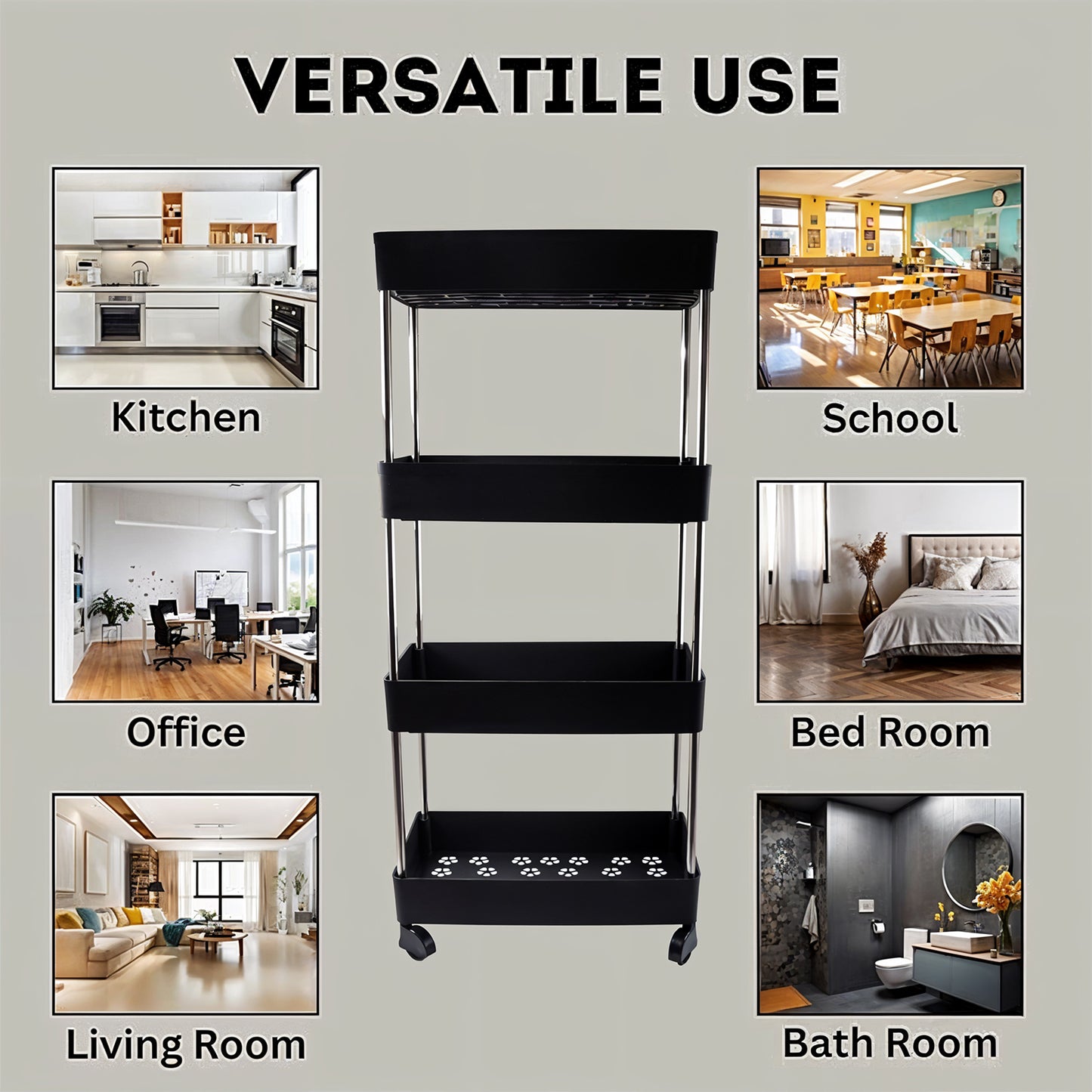 Wukusy movable storage rack trolley with multiple shelves for organizing kitchen or home essentials.