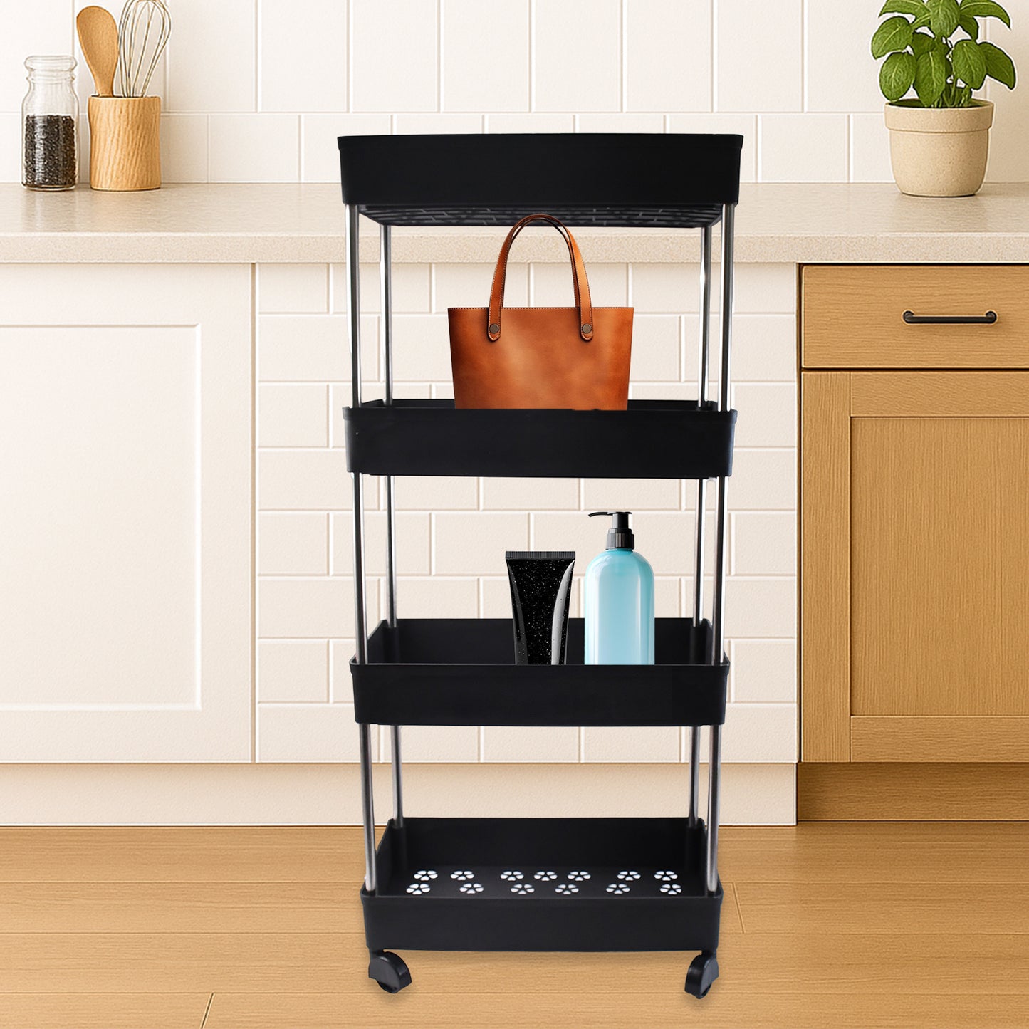 Wukusy movable storage rack trolley with multiple shelves, ideal for organizing kitchen or home supplies.