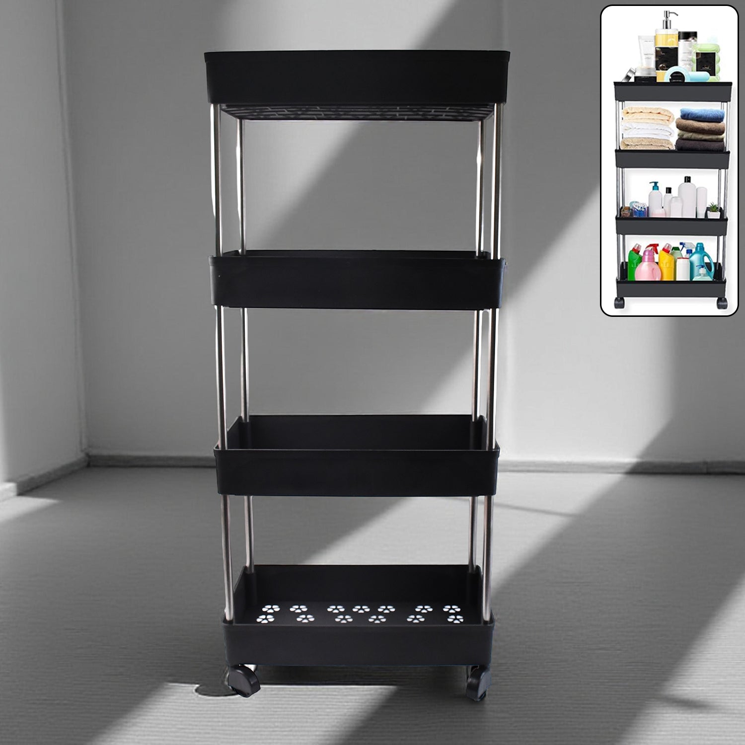 Wukusy movable storage rack trolley for home and kitchen with multiple shelves and sturdy wheels for easy mobility.