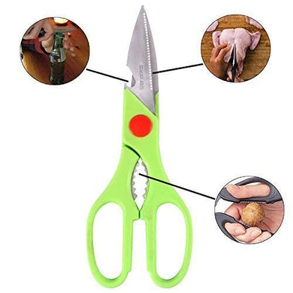 Wukusy stainless steel multi-function kitchen scissors for vegetables, fruit, cheese, meat slices, with bottle opener and seafood scissors.