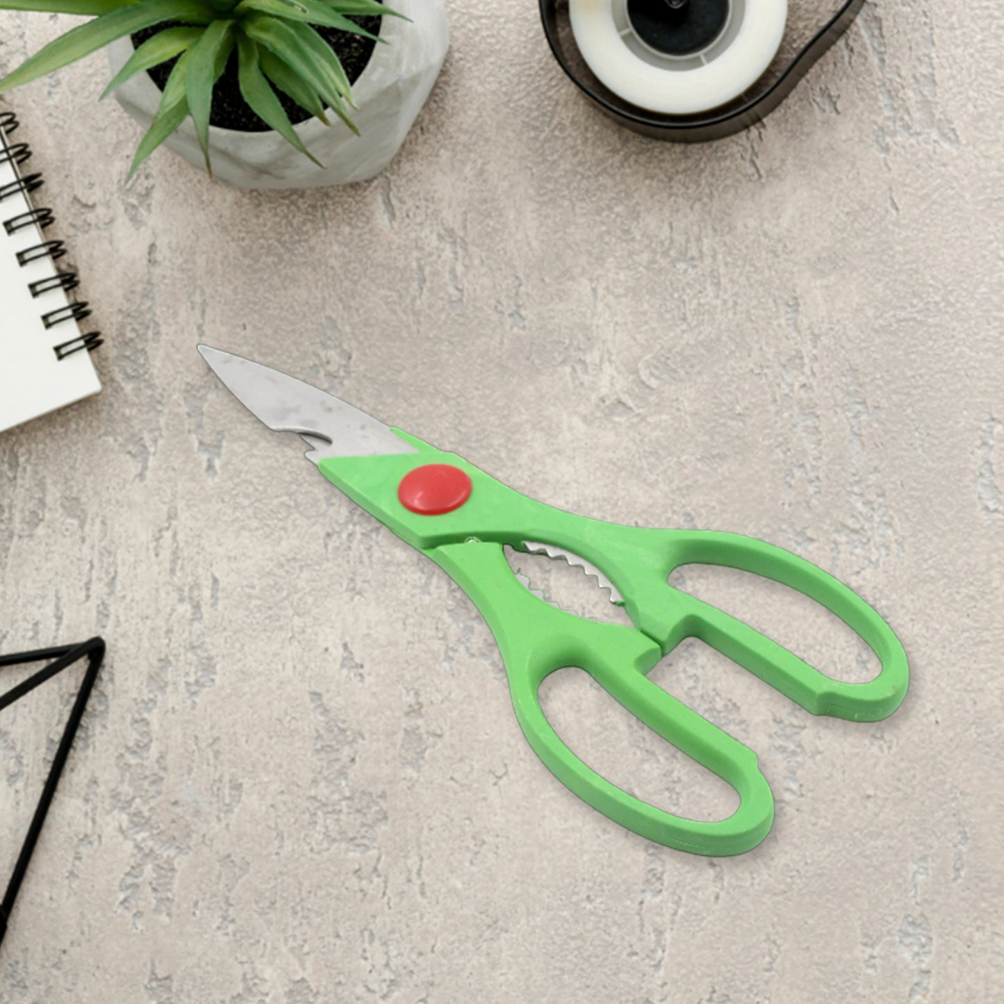 Wukusy multi-function kitchen scissors with bottle opener for vegetables, fruits, cheese, meat slices, and seafood in stainless steel.
