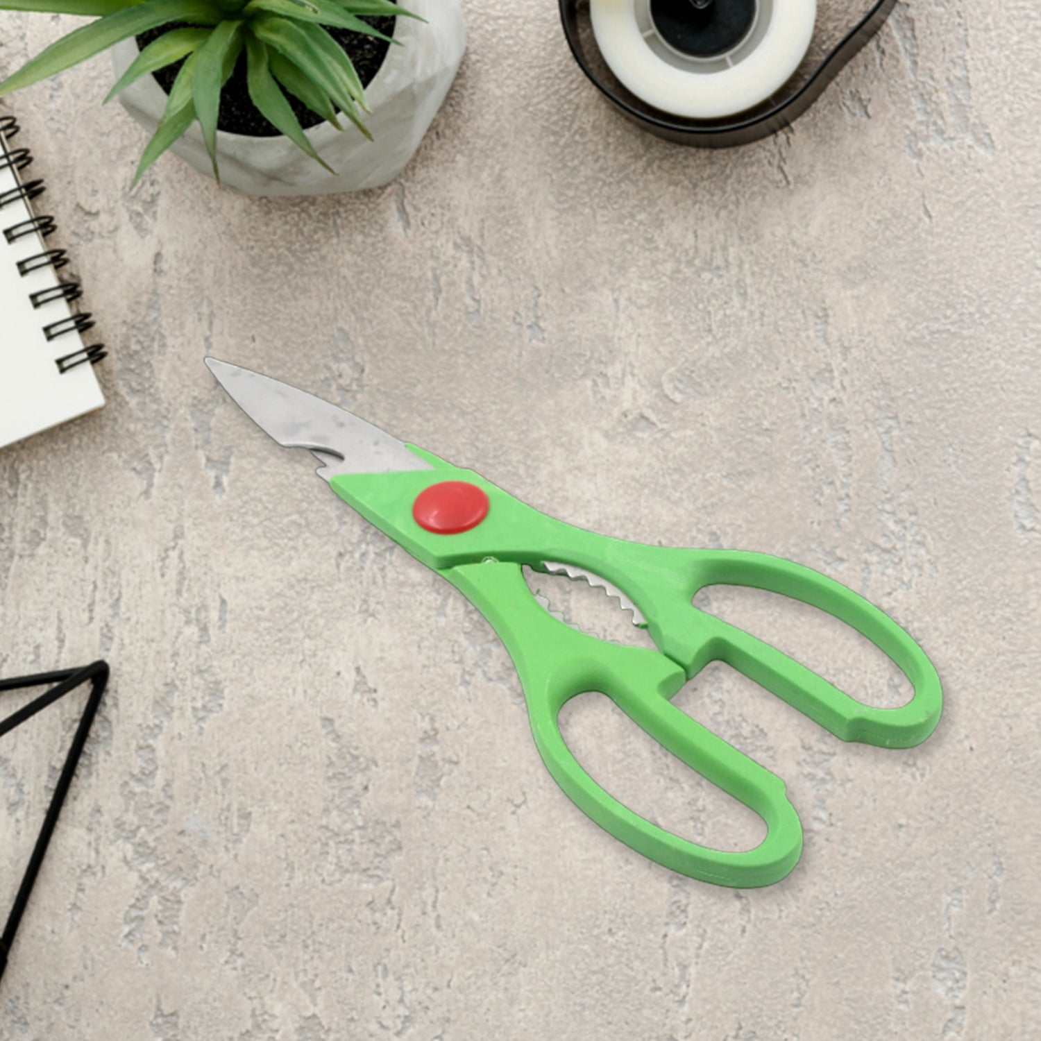 Wukusy multi-function kitchen scissors with bottle opener for vegetables, fruits, cheese, meat slices, and seafood in stainless steel.