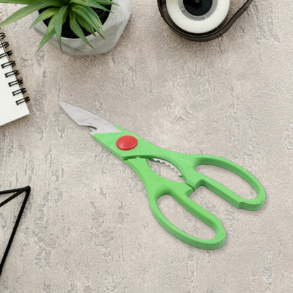 Wukusy multi-function kitchen scissors with bottle opener for vegetables, fruits, cheese, meat slices, and seafood in stainless steel.
