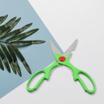 Wukusy multi-function stainless steel kitchen scissors with bottle opener for vegetables, fruit, cheese, meat, and seafood slicing.