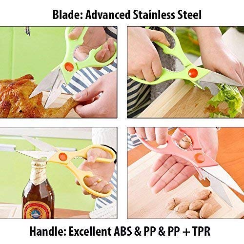 Wukusy multi-function kitchen scissors with bottle opener, stainless steel vegetable, fruit, cheese, and meat slicer with seafood scissors