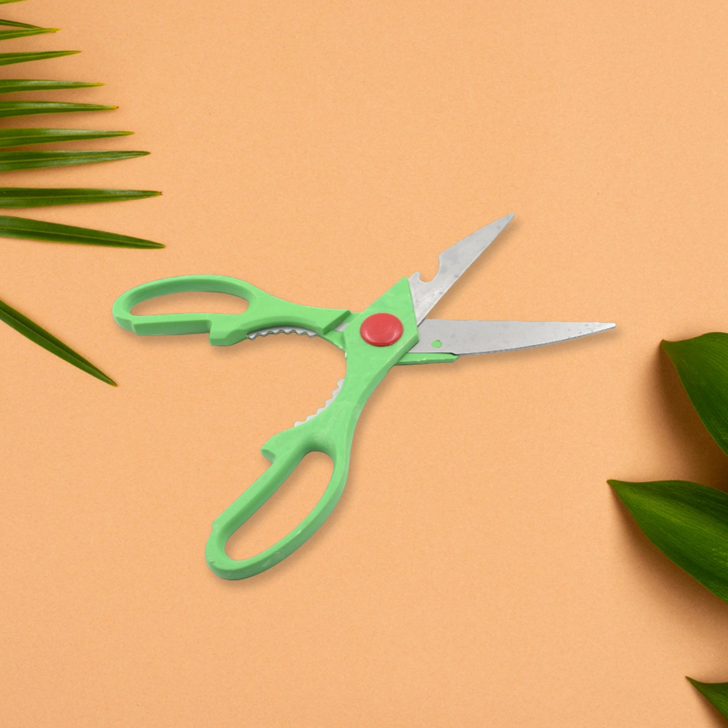 Wukusy stainless steel multi-function kitchen scissors with bottle opener, ideal for vegetables, fruits, cheese, meat, and seafood.