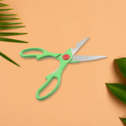 Wukusy stainless steel multi-function kitchen scissors with bottle opener, ideal for vegetables, fruits, cheese, meat, and seafood.