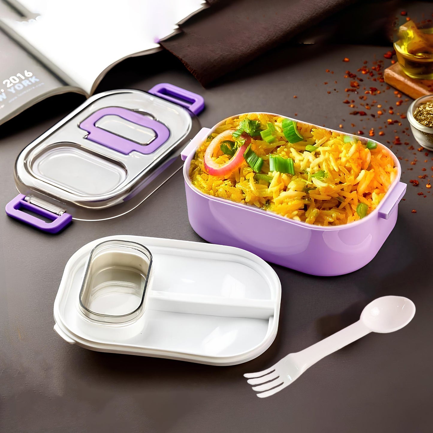 Wukusy multi-functional leakproof lunch box with cutlery and tumbler for home and kitchen use, featuring a secure lid and convenient design.
