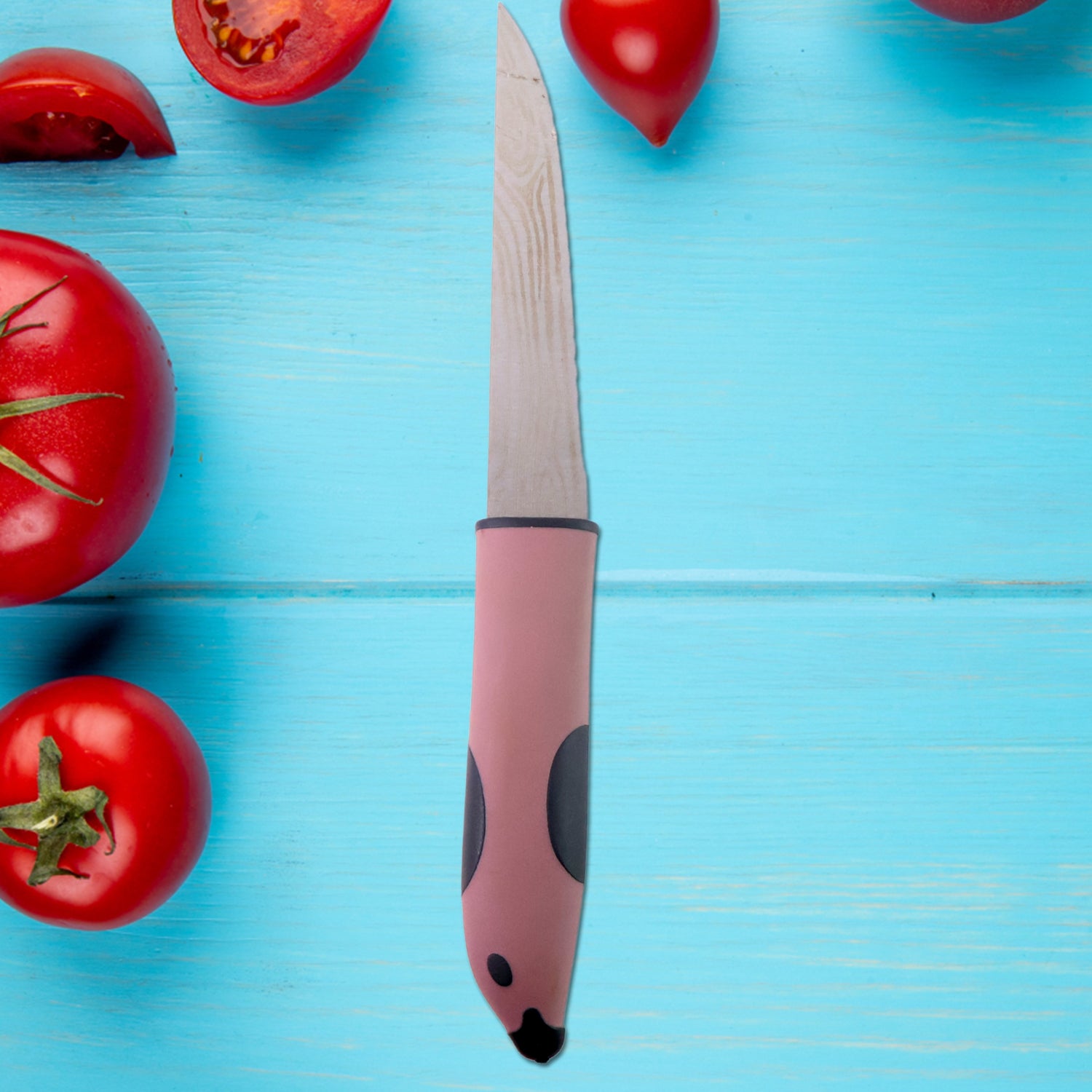Wukusy multi-purpose stainless steel kitchen cutting knife on a cutting board, ideal for slicing fruits, vegetables, and meats.