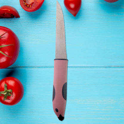 Wukusy multi-purpose stainless steel kitchen cutting knife on a cutting board, ideal for slicing fruits, vegetables, and meats.