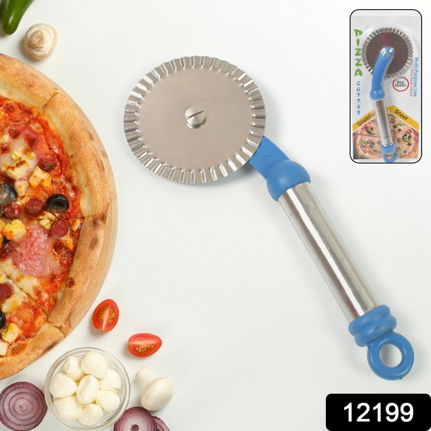 Wukusy multi-purpose curly pizza cutter and pastry cutter for home kitchen use, designed for slicing pizzas, sandwiches, and pastries.