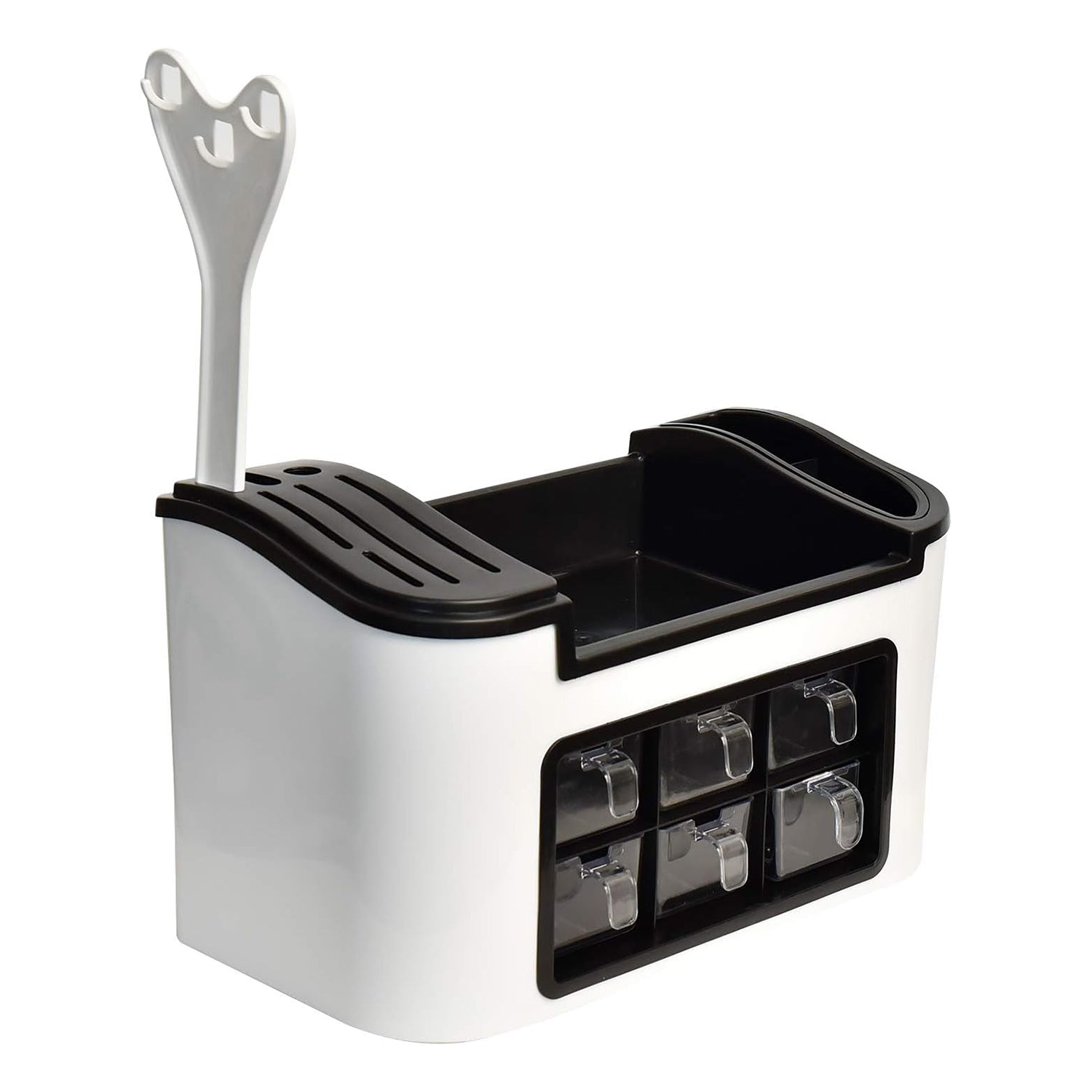 Wukusy multifunctional kitchen storage organizer rack with 6 spice containers, knife and spoon holder, and top shelf.