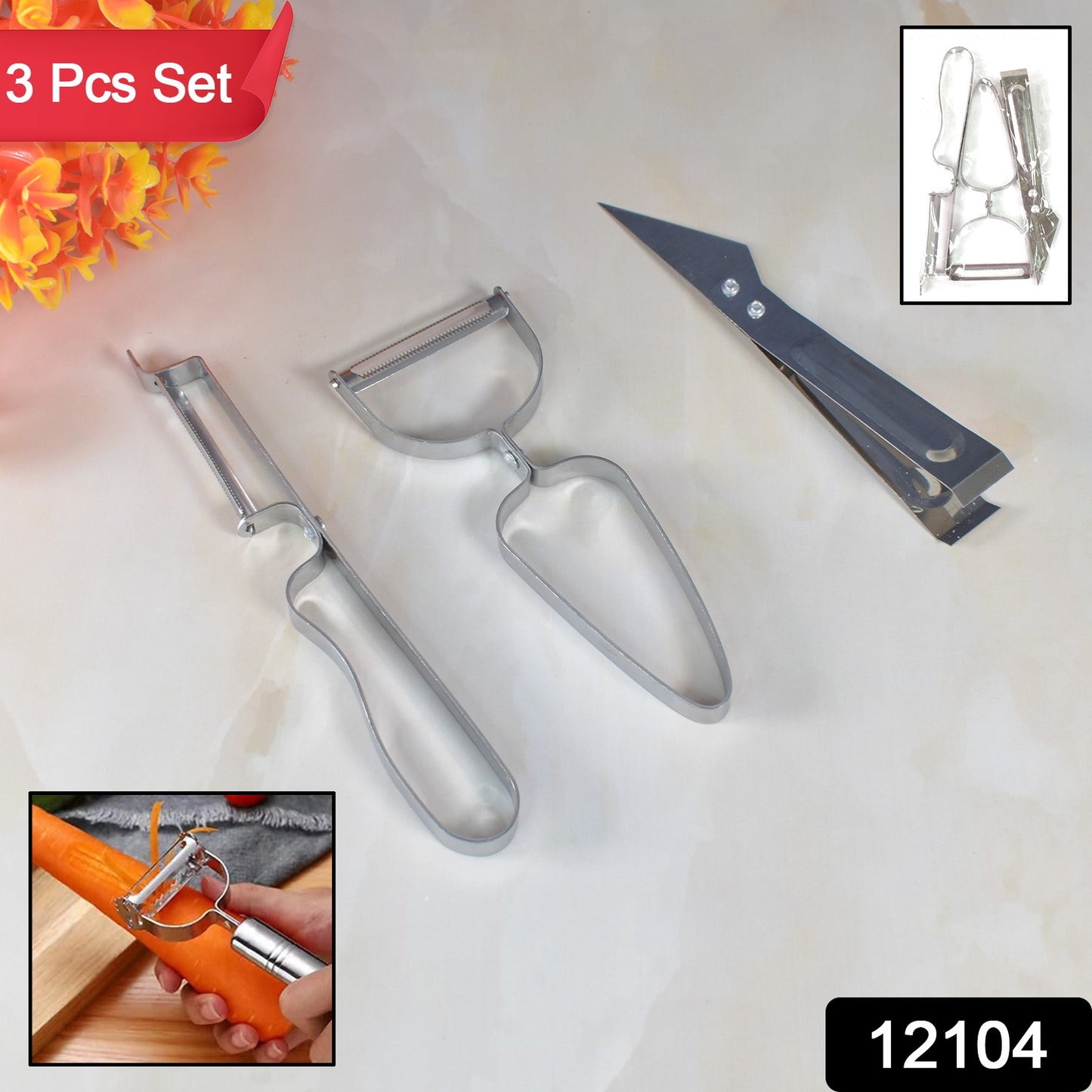 Wukusy multifunctional vegetable and fruit peeler grater set with three kitchen tools for peeling and grating produce.