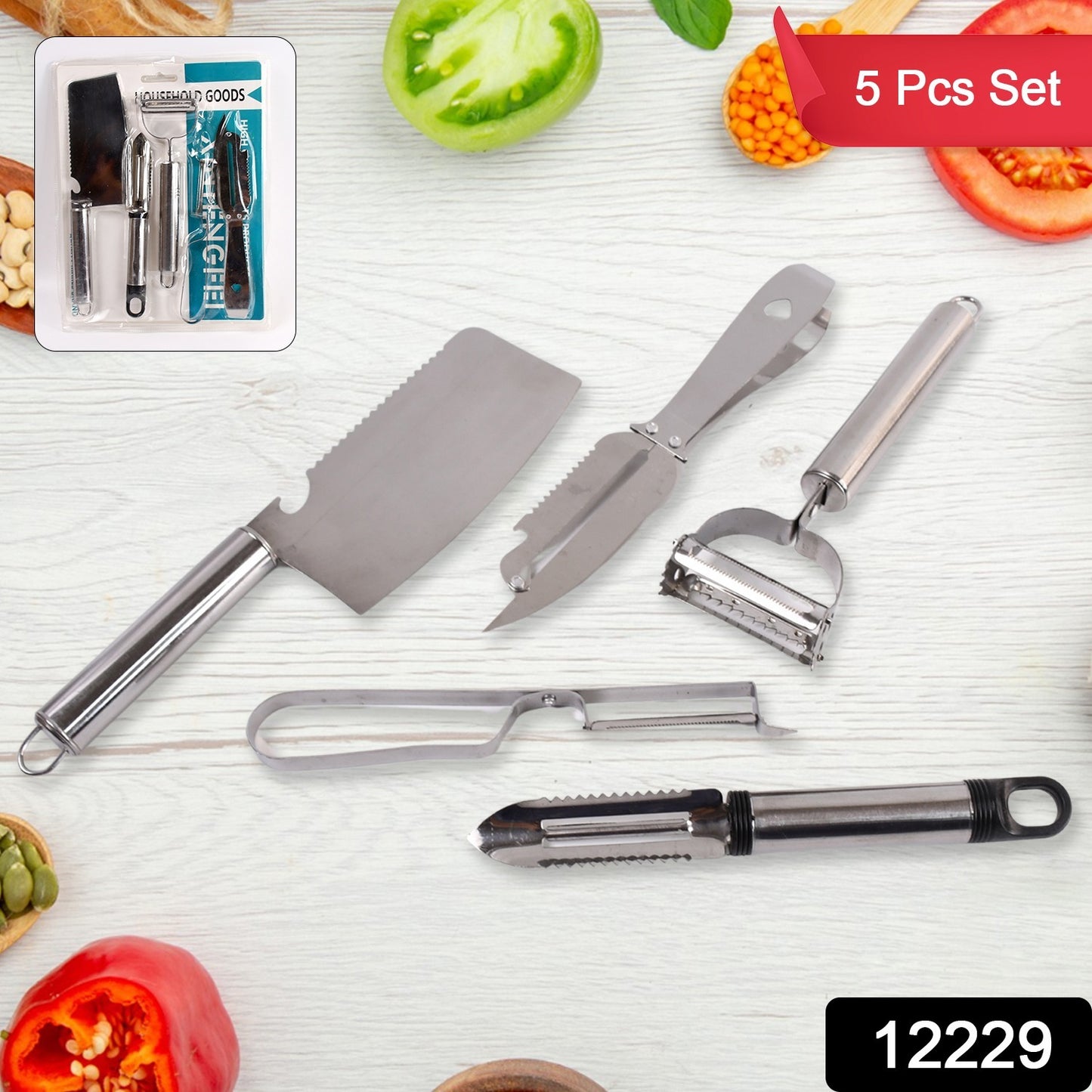 Wukusy 5-piece multifunctional peeler and grater set with various blades for peeling, grating, and slicing fruits and vegetables.