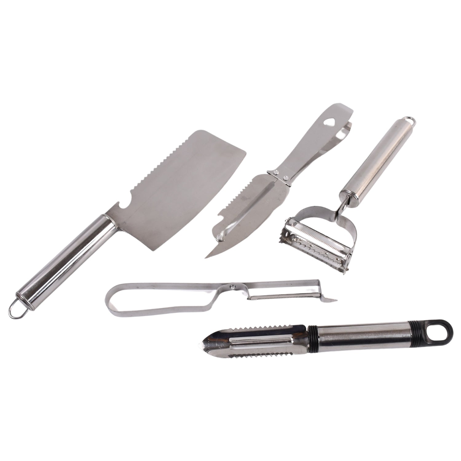 Wukusy 5-piece multifunctional peeler and grater set with various kitchen tools for peeling, grating, and zesting fruits and vegetables.