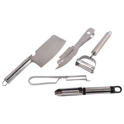 Wukusy 5-piece multifunctional peeler and grater set with various kitchen tools for peeling, grating, and zesting fruits and vegetables.