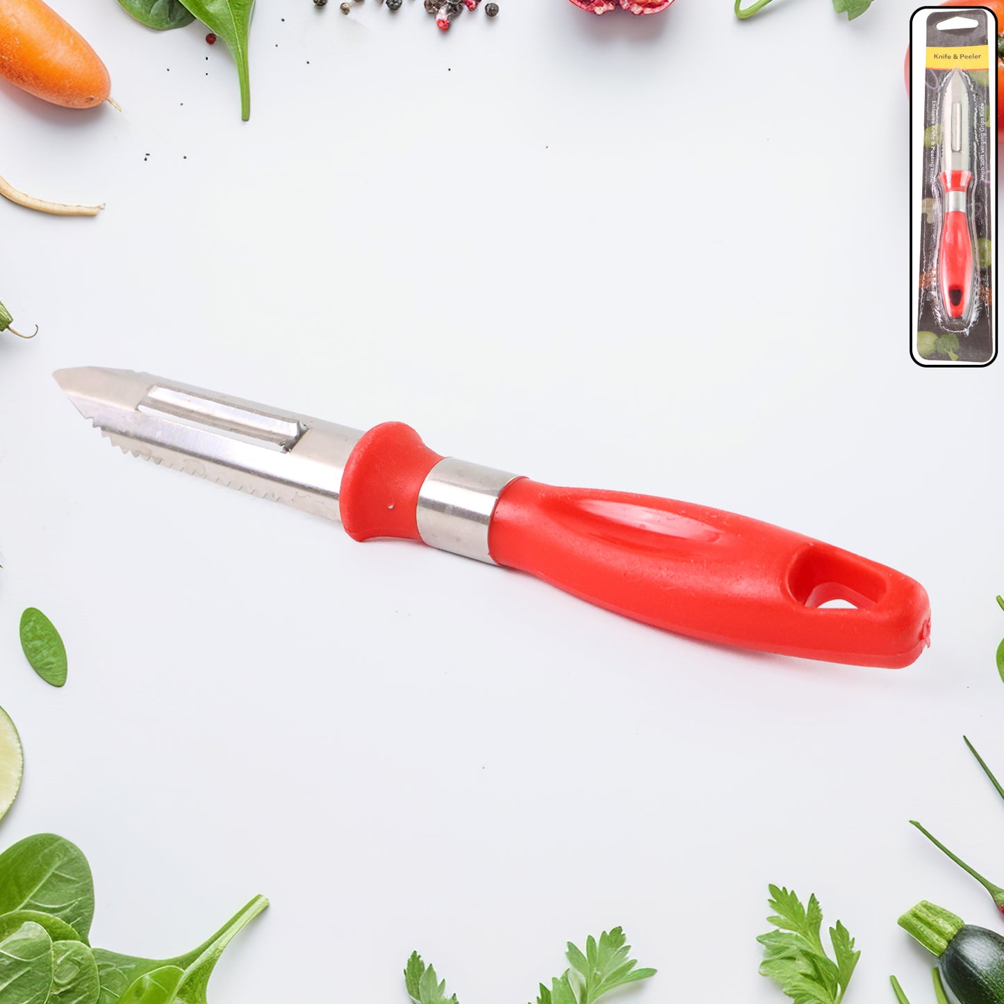 Wukusy 2-in-1 stainless steel knife peeler for versatile kitchen prep, with a sleek ergonomic design and sharp peeling blade.