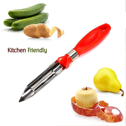 Wukusy 2-in-1 stainless steel knife and peeler for versatile kitchen use, shown with sleek design and dual-function blades.