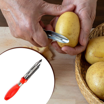 Wukusy 2-in-1 stainless steel knife peeler for versatile kitchen use, featuring a dual-purpose design and ergonomic handle.