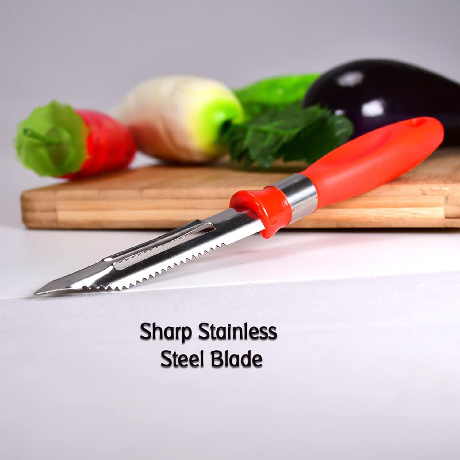 Wukusy 2-in-1 stainless steel knife and peeler for versatile kitchen use, featuring a sleek design and ergonomic handle.