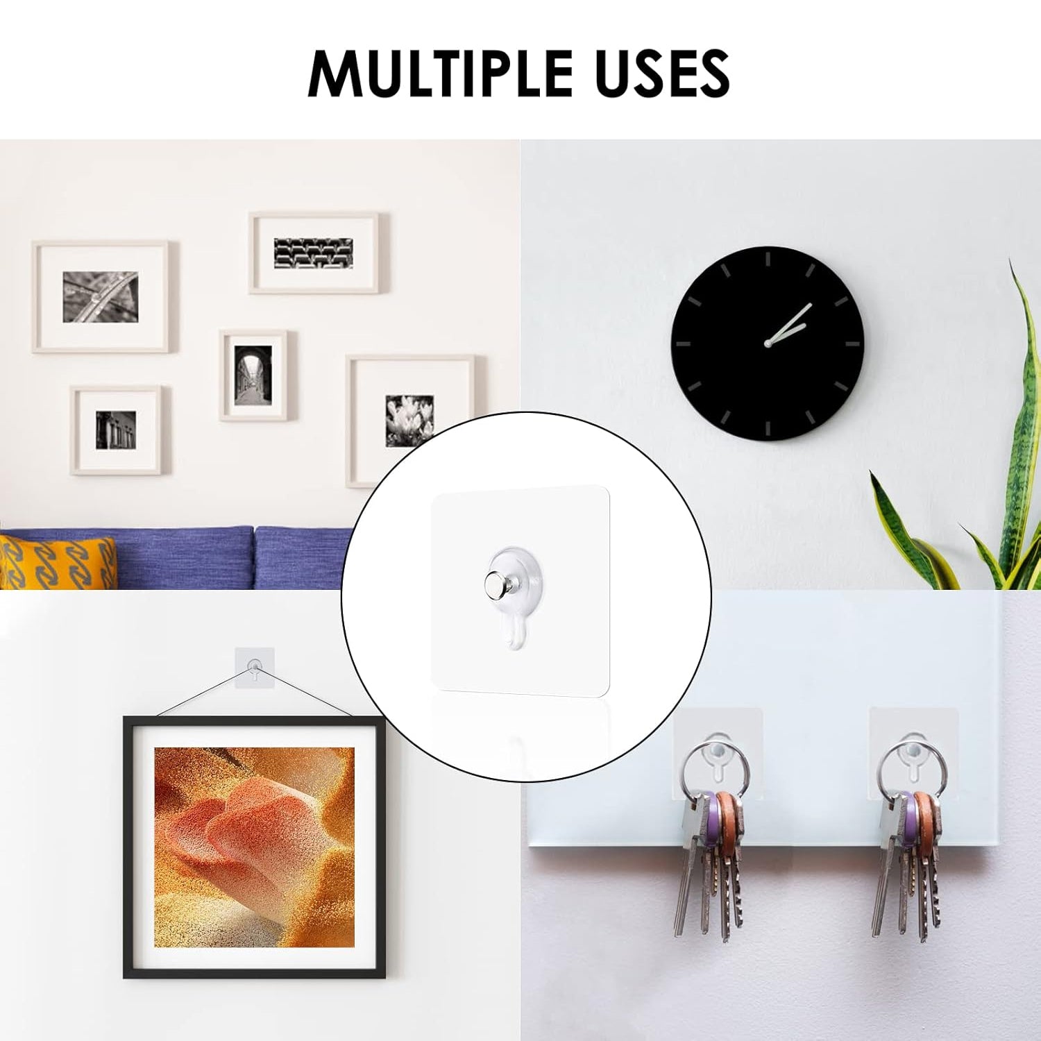 Wukusy multipurpose adhesive damage-free photo frame wall hook on a wall, suitable for home and kitchen use.
