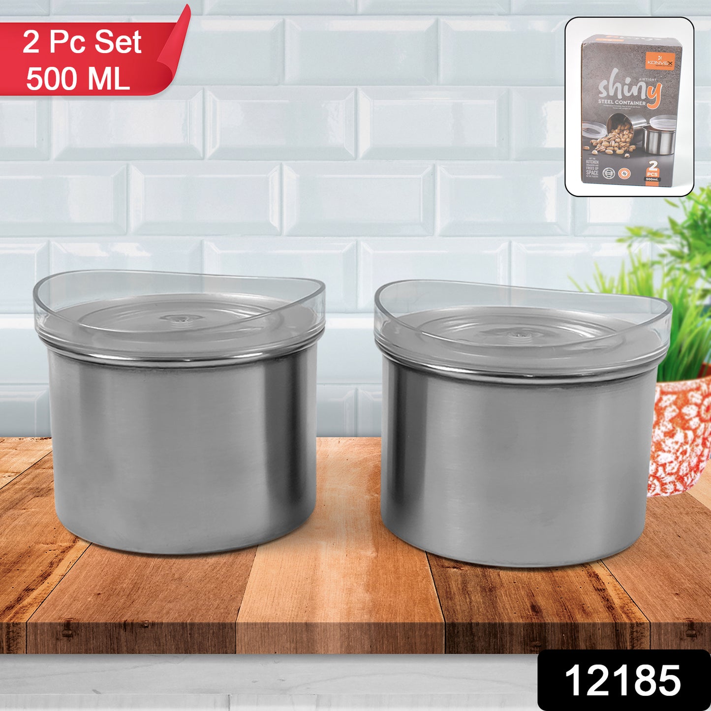 Two Wukusy stainless steel airtight containers with see-through lids, 500ml each, for kitchen storage and organization.