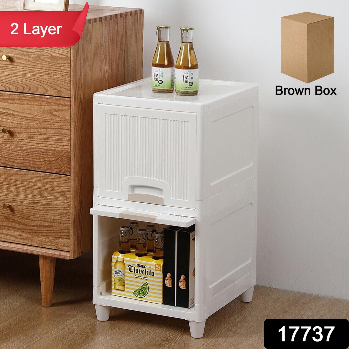 Wukusy 2-layer plastic multipurpose storage cabinet with foldable drawers for kitchen, bathroom, or bedroom organization.