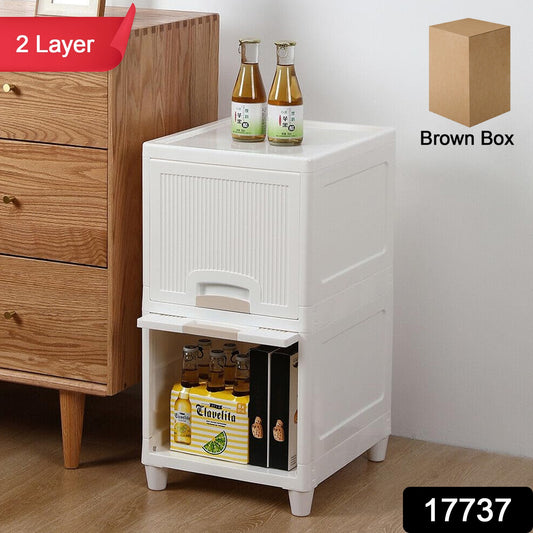 Wukusy 2-layer plastic multipurpose storage cabinet with foldable drawers for kitchen, bathroom, or bedroom organization.