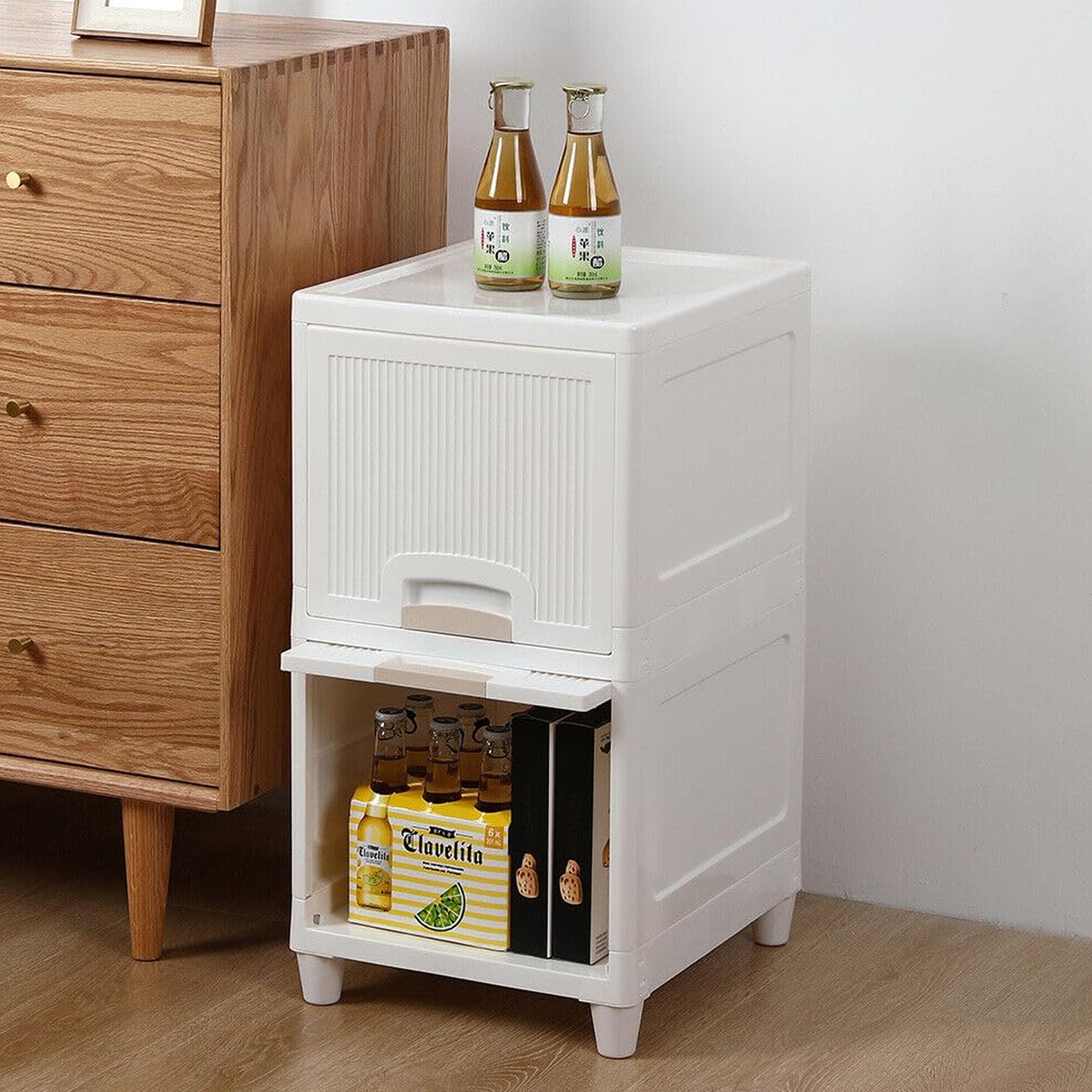 Wukusy 2-layer plastic multipurpose storage cabinet with foldable drawers for kitchen, bathroom, or bedroom organization.
