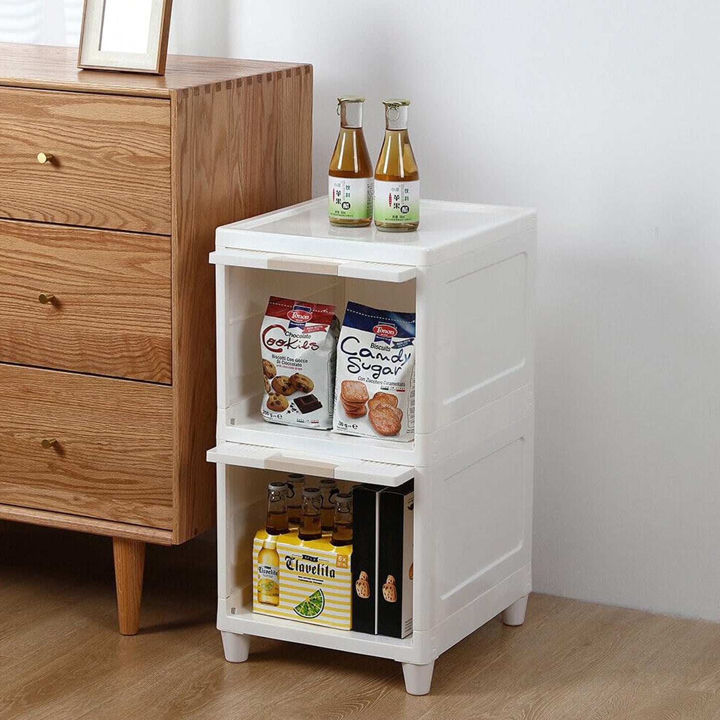 Wukusy 2-layer plastic multi-purpose storage cabinet with foldable drawers for kitchen, bathroom, or bedroom organization.