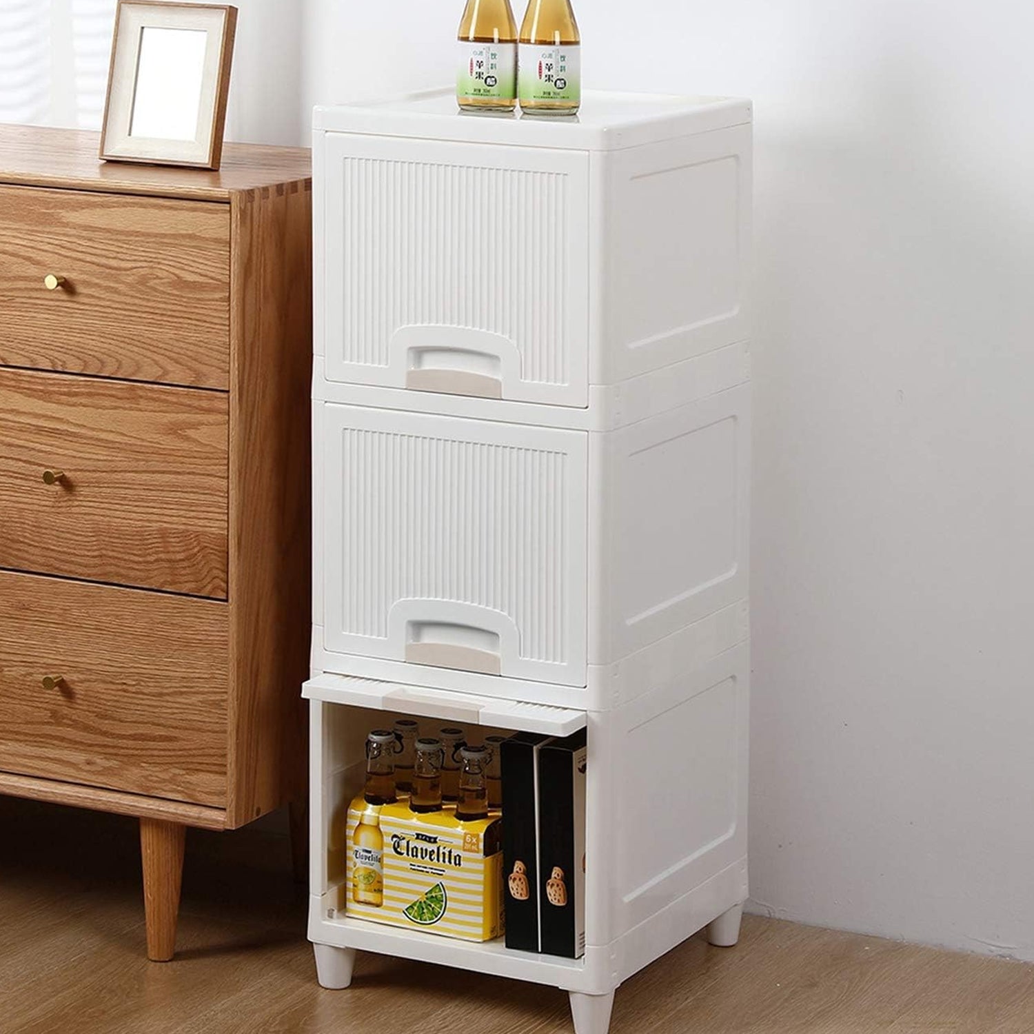 Wukusy 3-layer plastic multipurpose storage cabinet with foldable drawers for kitchen, bathroom, and bedroom organization.