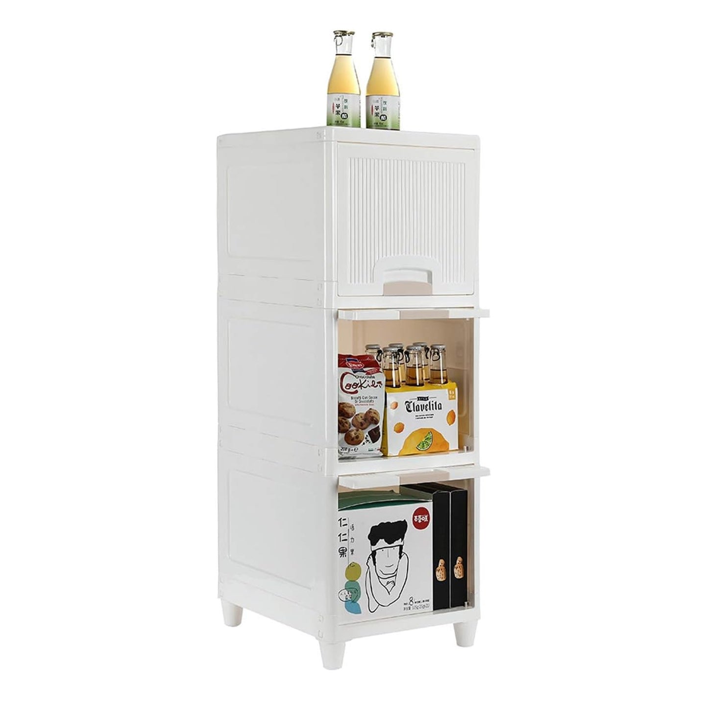 Wukusy 3-layer plastic multipurpose storage cabinet with foldable drawers for kitchen, bathroom, or bedroom organization.
