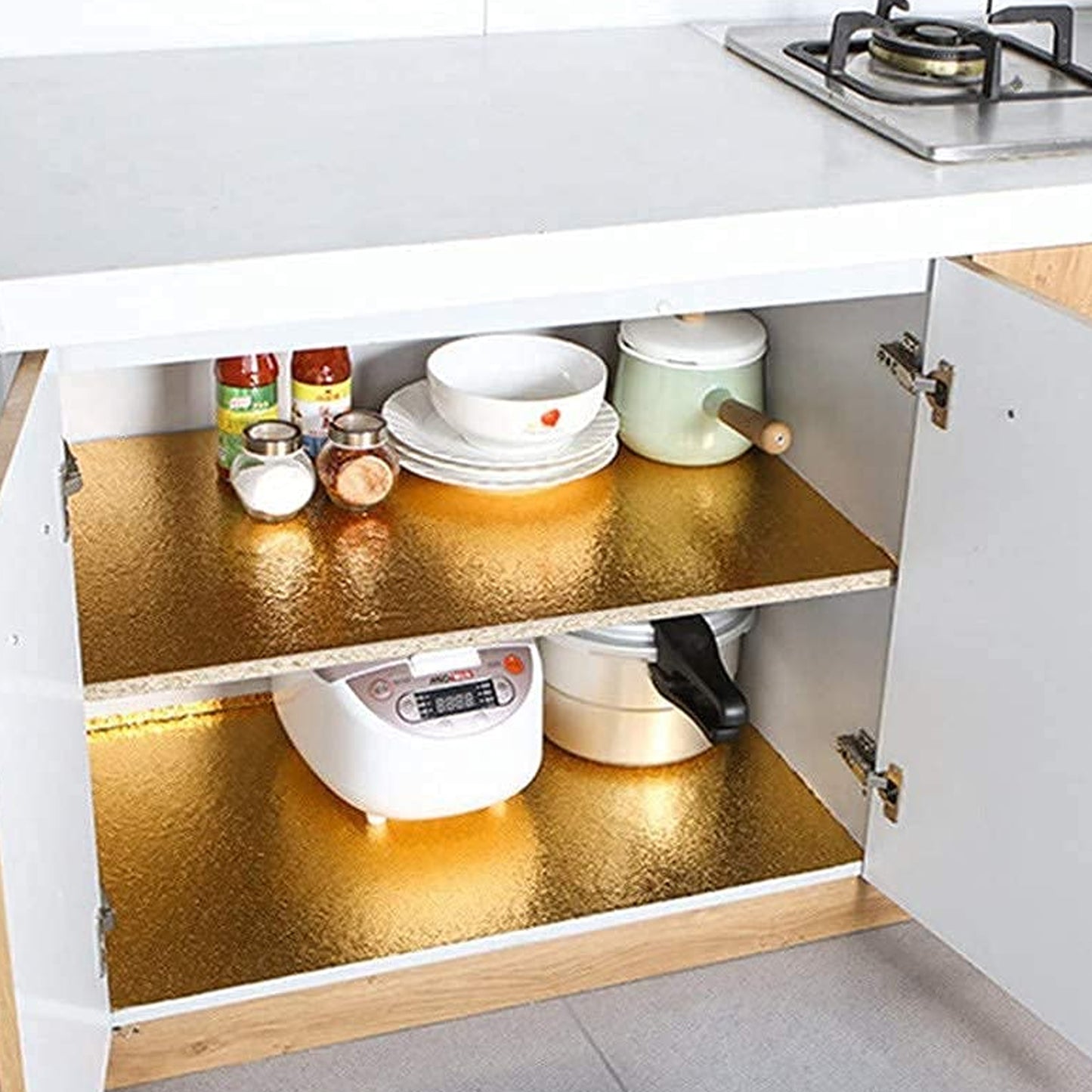 Golden oil-proof and waterproof self-adhesive aluminum foil wallpaper by Wukusy, suitable for kitchen and home wall surfaces.
