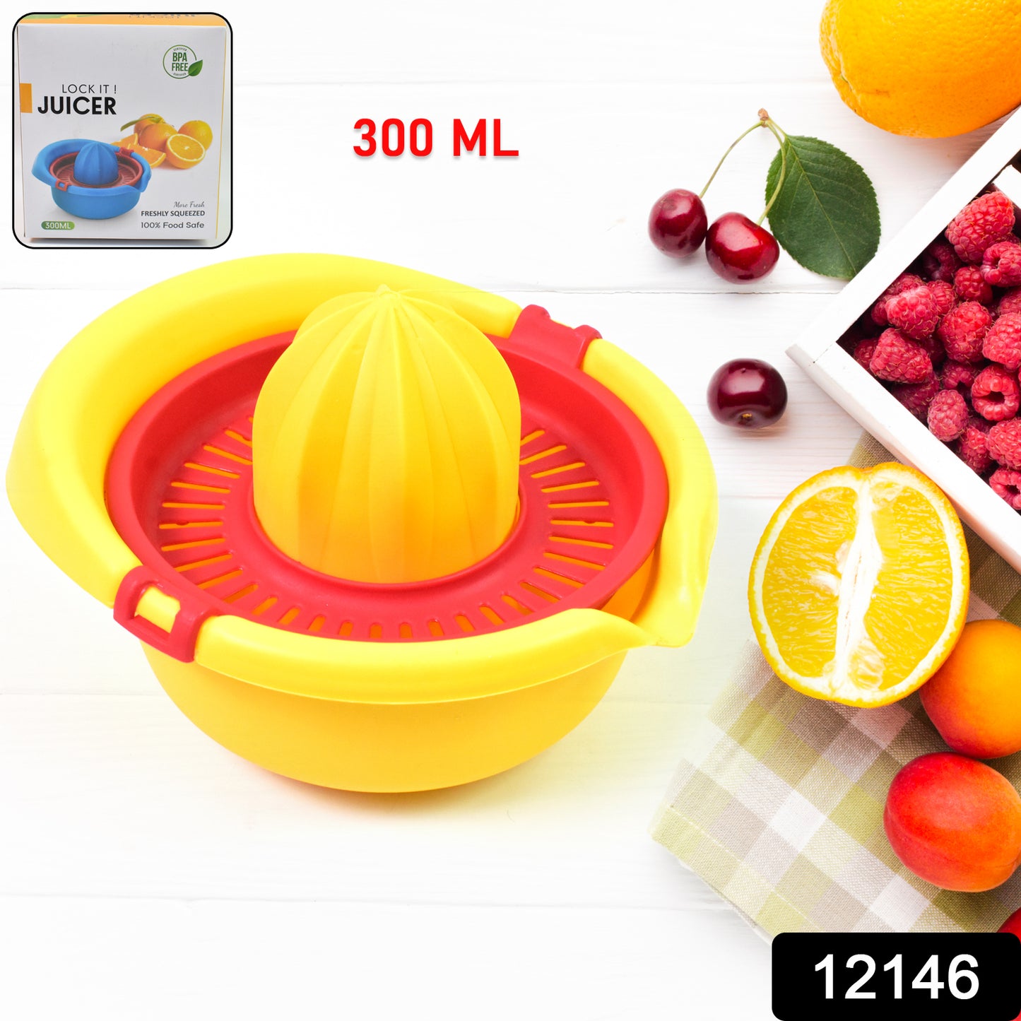 Wukusy orange juicer machine hand press with 300 ml capacity, ideal for fresh citrus juice at home.
