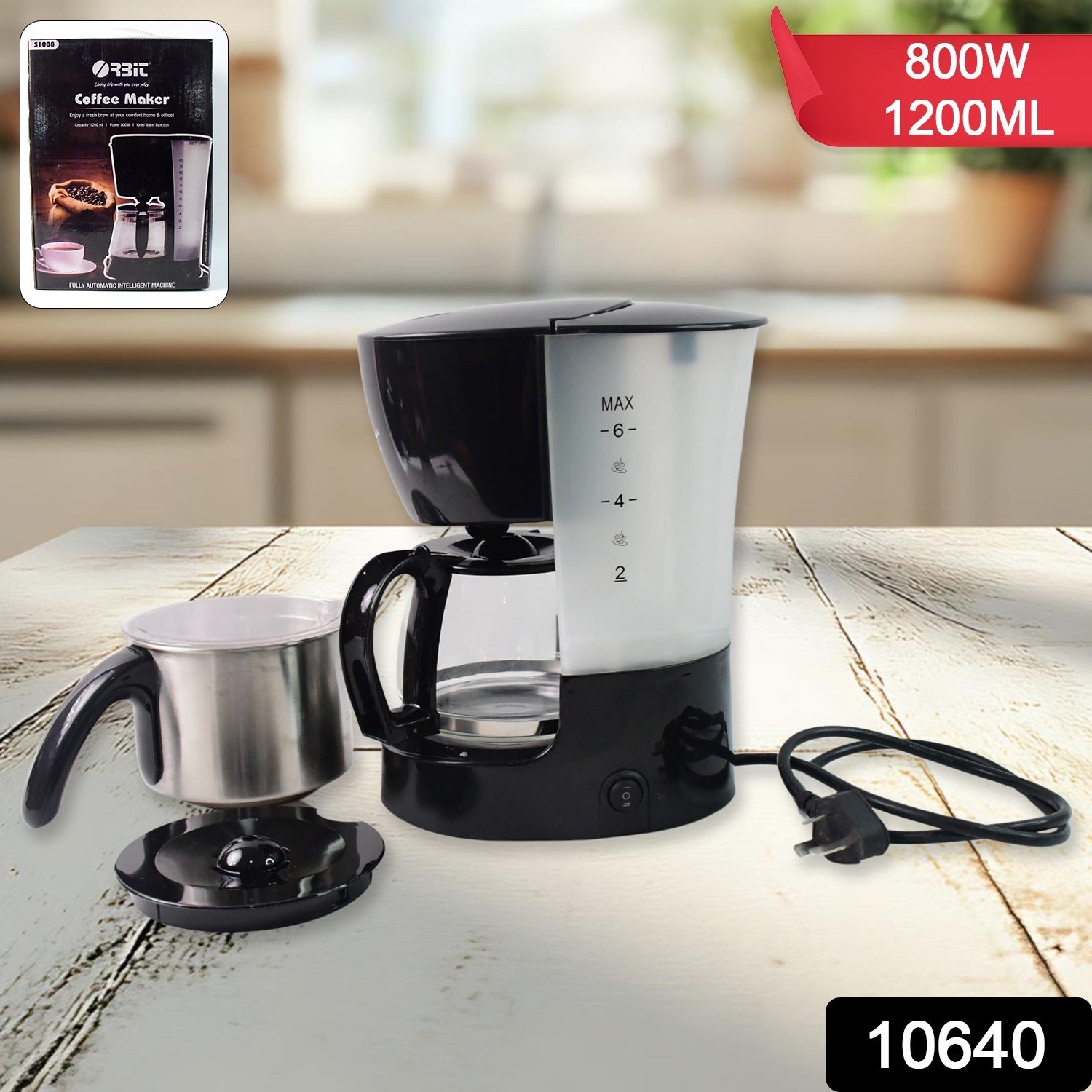 Wukusy Orbit automatic drip coffee maker with 800W power and 1200ml capacity, ideal for home kitchen use.