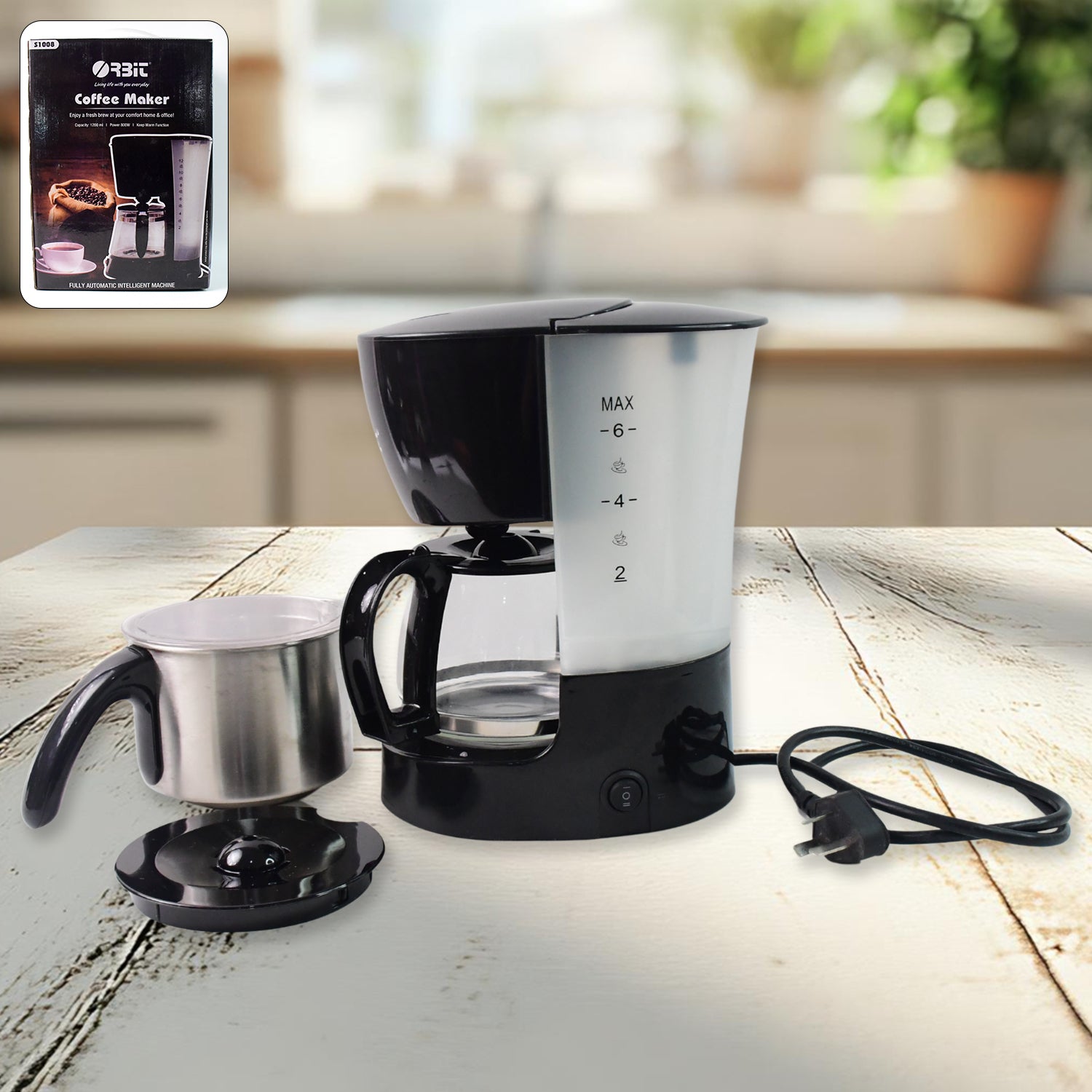 Wukusy Orbit automatic drip coffee maker with 800W power and 1200ml capacity, suitable for home and kitchen use.