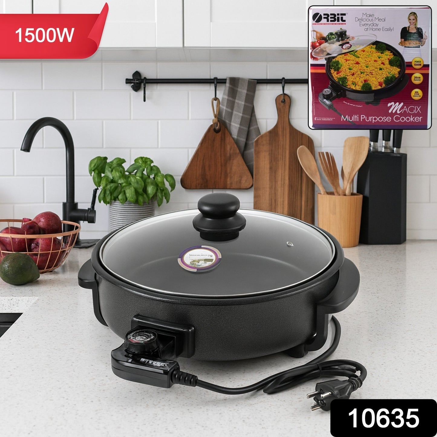 Wukusy Orbit Electric Multi-purpose Cooker 1500W on kitchen countertop, showcasing its sleek design and control panel.