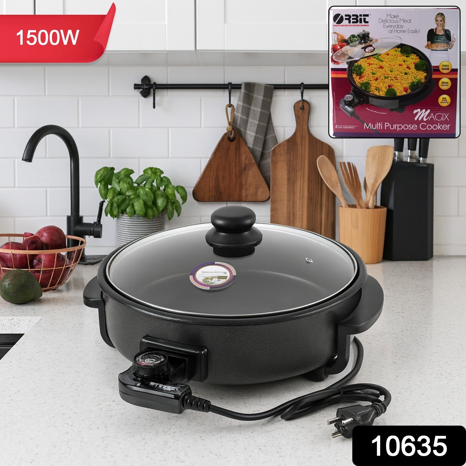 Wukusy Orbit Electric Multi-purpose Cooker 1500W on kitchen countertop, showcasing its sleek design and control panel.