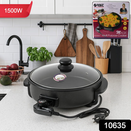 Wukusy Orbit Electric Multi-purpose Cooker 1500W on kitchen countertop, showcasing its sleek design and control panel.