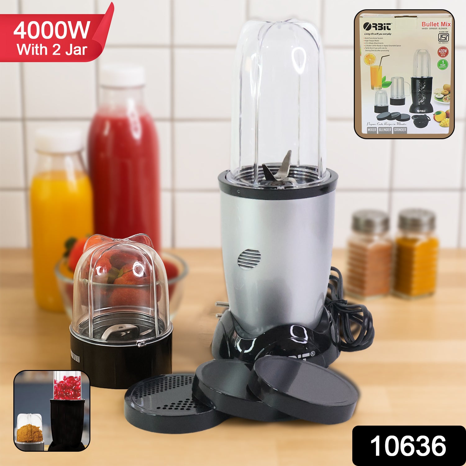 Wukusy Orbit multi-purpose bullet mixer with 400W motor and two jars for blending, chopping, and mixing in the home kitchen.