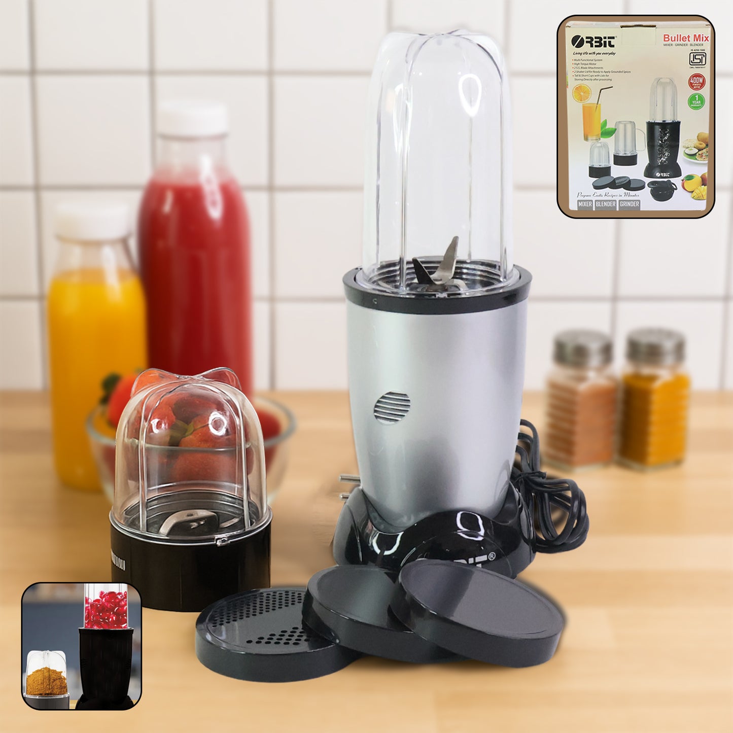 Wukusy Orbit multi-purpose bullet mixer with 400W motor and two jars for versatile blending in home and kitchen use.