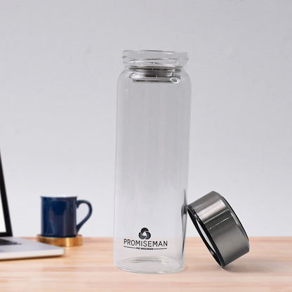 Wukusy outdoor sport glass water bottle with steel lid, 500ml capacity, suitable for home and outdoor activities.